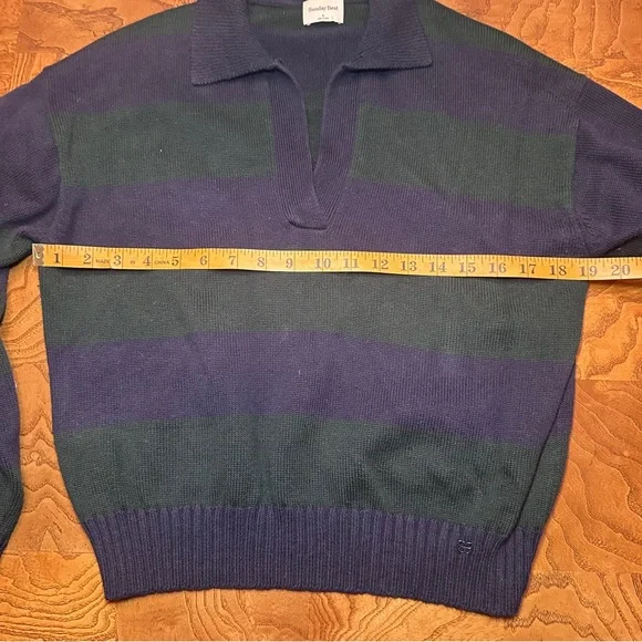 Sunday Best Fine Knit V-Neck Polo Sweater, Navy & Green Stripe, Preppy, Academia - Picture 6 of 7